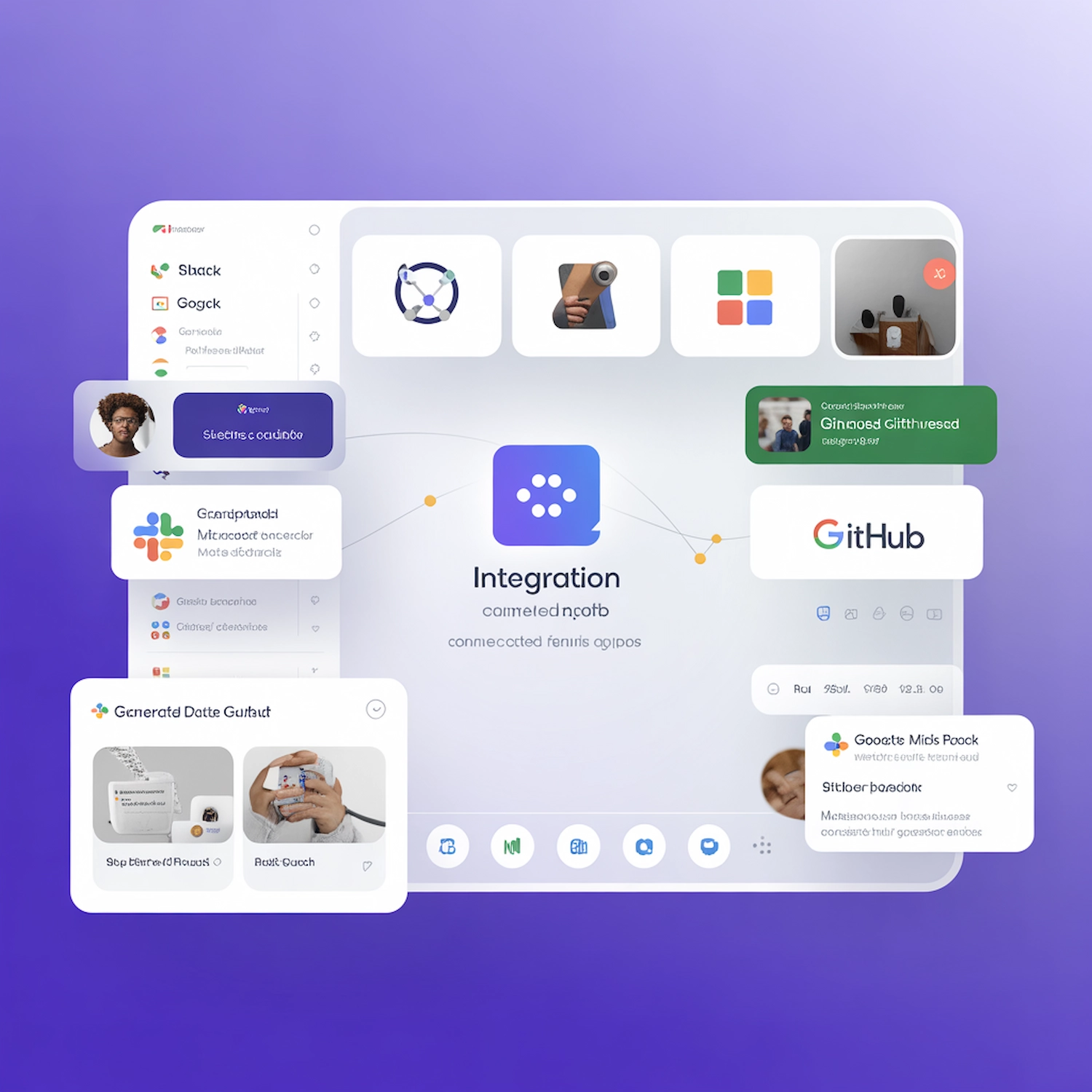 Integration hub showing connected apps including Slack, Google, Microsoft, GitHub, and other business tools